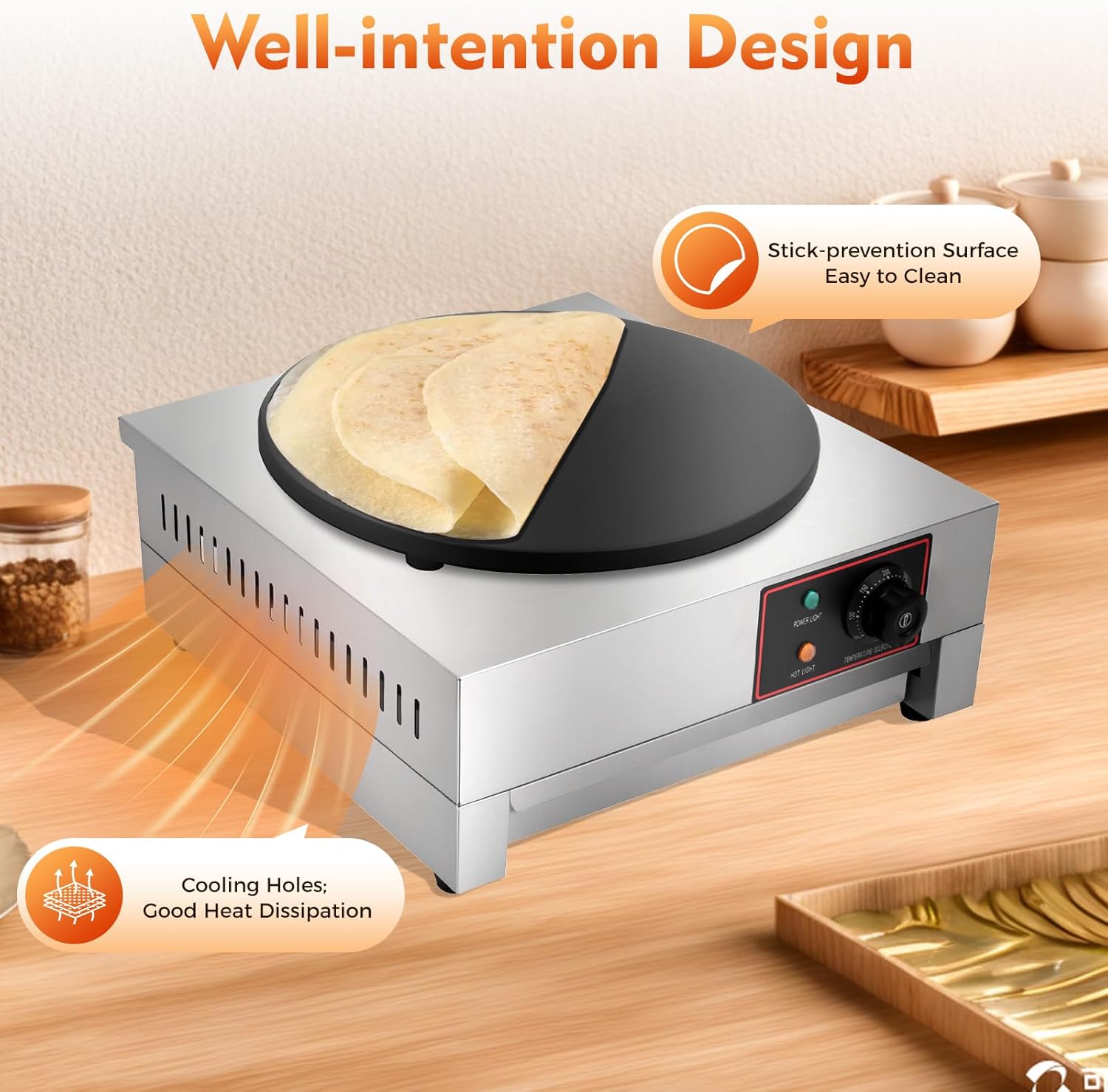Commercial Electric Crepe Maker Pancake Machine with Adjustable Temperature: 1700W 16" Powerful Big Hotplate Non Stick Stove for Restaurant