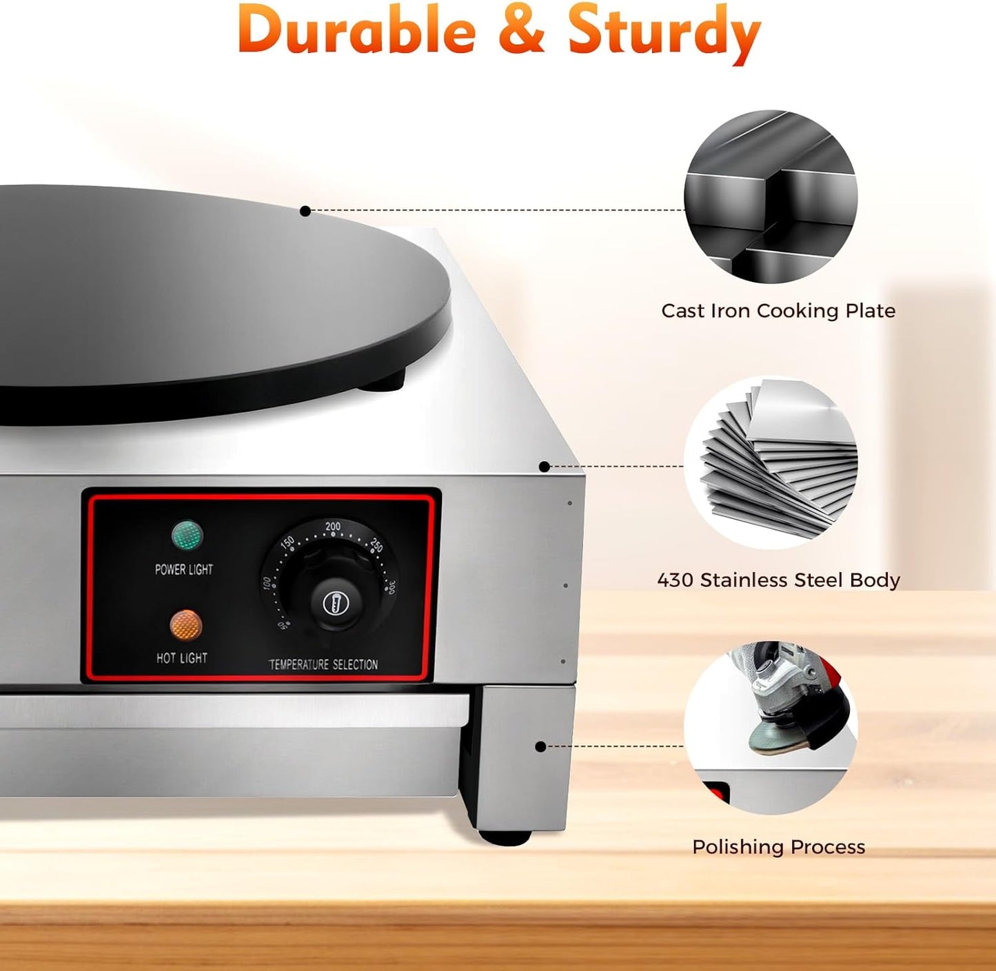 Commercial Electric Crepe Maker Pancake Machine with Adjustable Temperature: 1700W 16" Powerful Big Hotplate Non Stick Stove for Restaurant