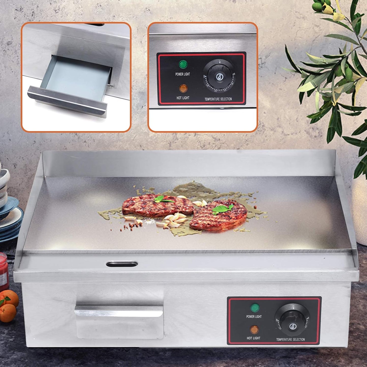 Commercial Electric Griddle 110V/60Hz, Non-Stick Teppanyaki Grill with Adjustable Temperature Control, Tabletop Flat Top Griddle - 21.26x15.75x8.66 In