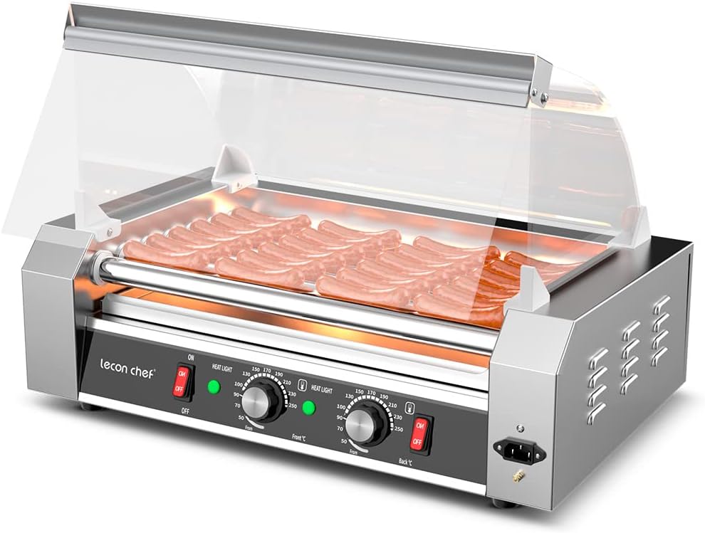 Commercial Electric Hot Dog Roller Machine with 7 Rollers, Stainless Steel Construction, Dual Temperature Control, Glass Cover, LED - Leconchef