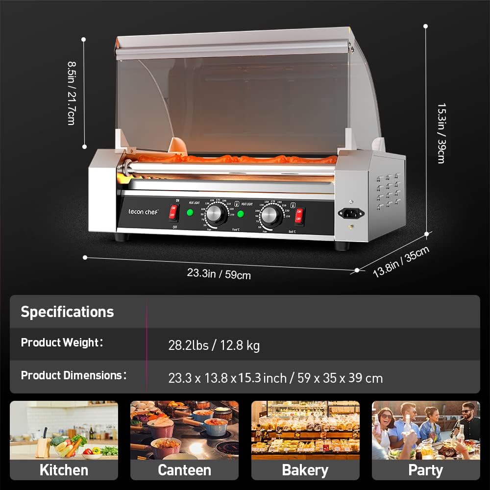 Commercial Electric Hot Dog Roller Machine with 7 Rollers, Stainless Steel Construction, Dual Temperature Control, Glass Cover, LED - Leconchef