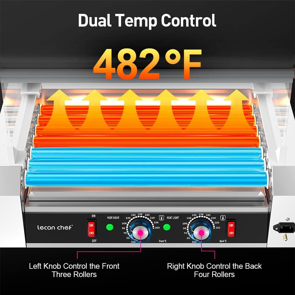 Commercial Electric Hot Dog Roller Machine with 7 Rollers, Stainless Steel Construction, Dual Temperature Control, Glass Cover, LED - Leconchef
