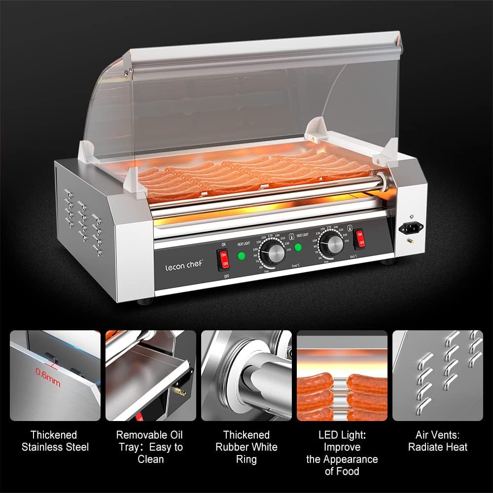 Commercial Electric Hot Dog Roller Machine with 7 Rollers, Stainless Steel Construction, Dual Temperature Control, Glass Cover, LED - Leconchef