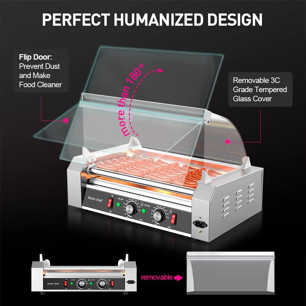Commercial Electric Hot Dog Roller Machine with 7 Rollers, Stainless Steel Construction, Dual Temperature Control, Glass Cover, LED - Leconchef