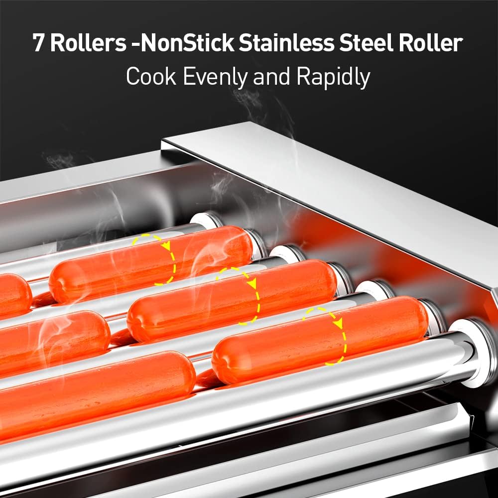 Commercial Electric Hot Dog Roller Machine with 7 Rollers, Stainless Steel Construction, Dual Temperature Control, Glass Cover, LED - Leconchef