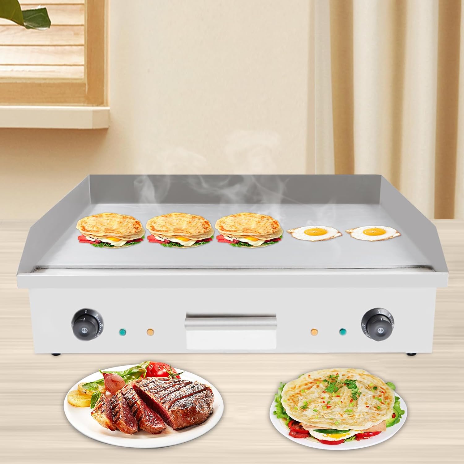 Commercial Grade 4400W 110V Electric Teppanyaki Griddle Cooktop with Dual Temperature Control - Countertop BBQ Plate Grill