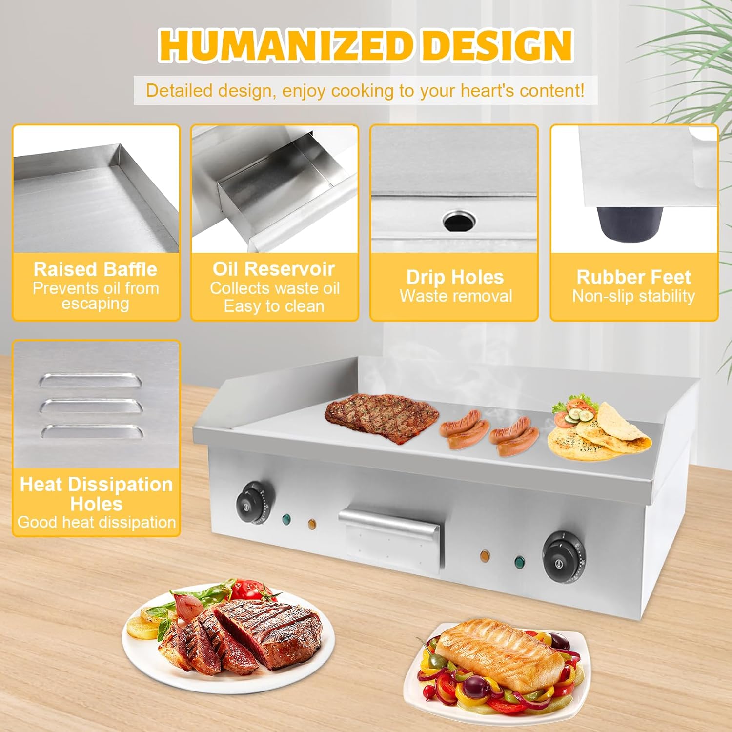 Commercial Grade 4400W 110V Electric Teppanyaki Griddle Cooktop with Dual Temperature Control - Countertop BBQ Plate Grill