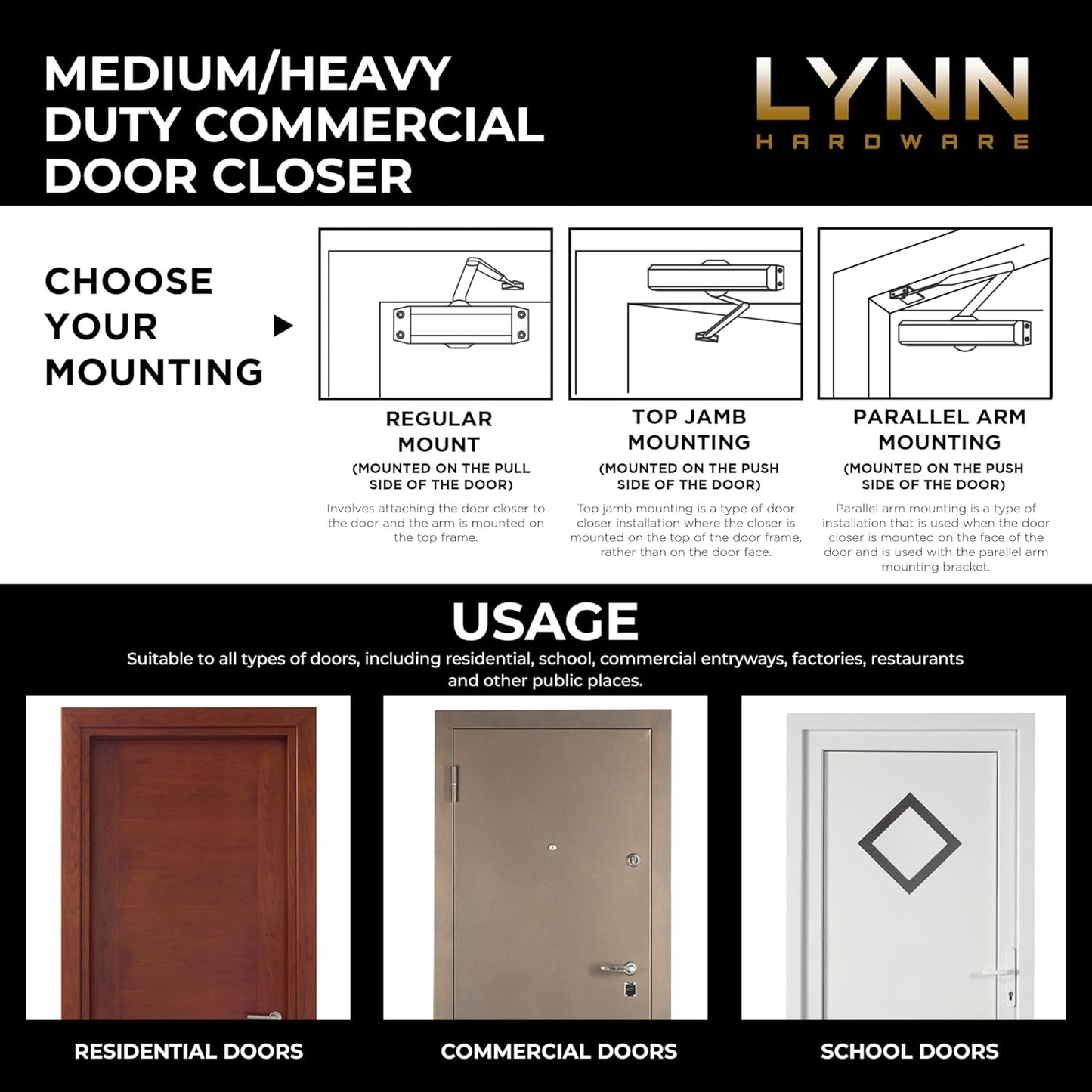 Commercial Grade Door Closer - LYNN HARDWARE DC7016 Surface Mounted, Grade 1, ADA & UL 3 Hour Fire Rated, Size 1-6, Dark Bronze