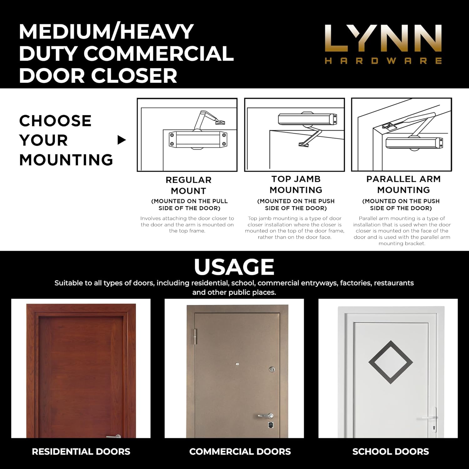 Commercial Grade Door Closer - LYNN HARDWARE DC7016 Surface Mounted, Grade 1, ADA & UL 3 Hour Fire Rated, Size 1-6, Dark Bronze