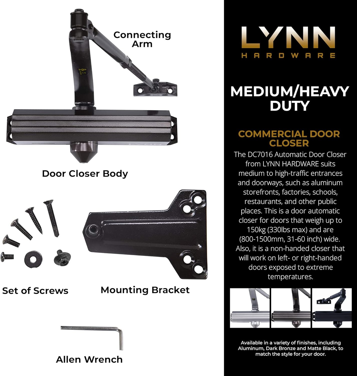 Commercial Grade Door Closer - LYNN HARDWARE DC7016 Surface Mounted, Grade 1, ADA & UL 3 Hour Fire Rated, Size 1-6, Dark Bronze