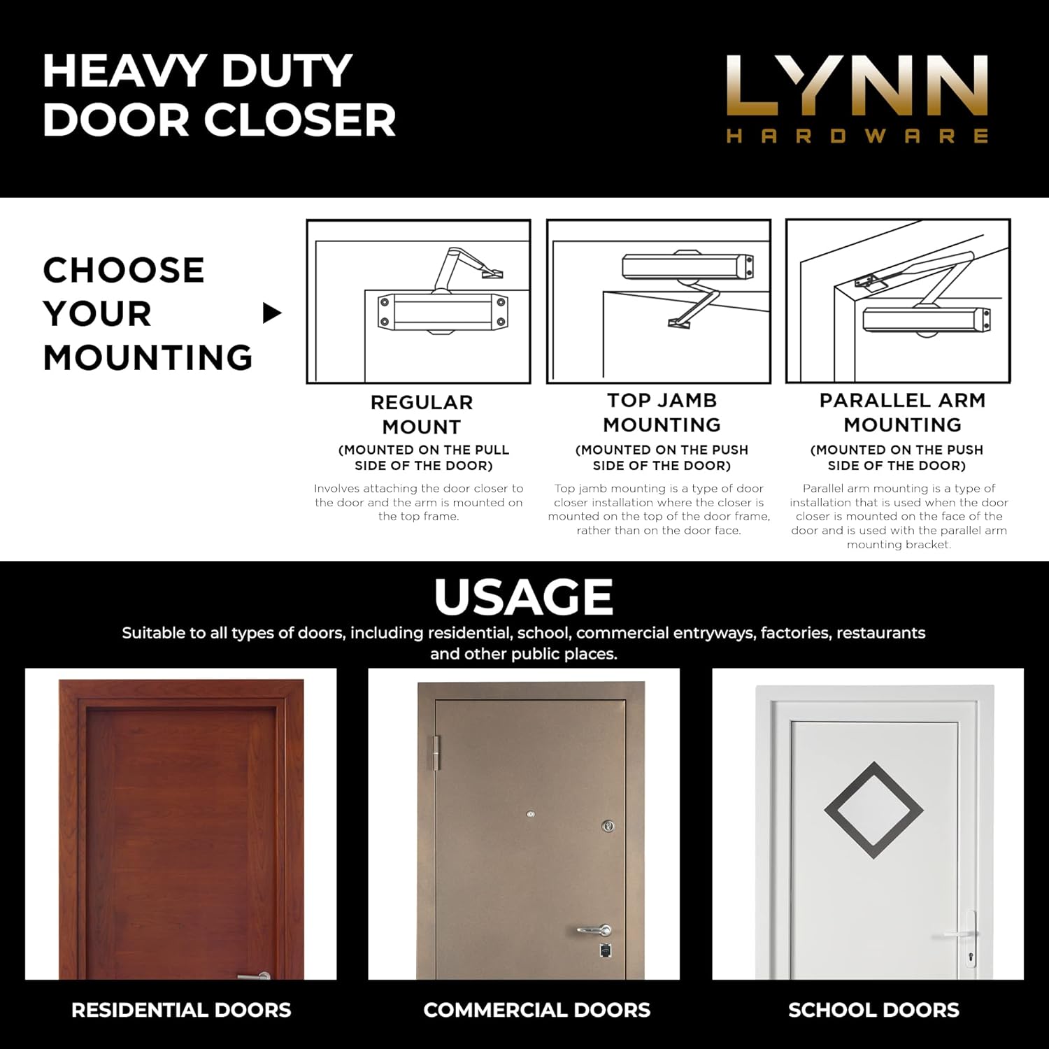 Commercial Grade Heavy Duty Surface-Mounted Automatic Door Closer - Size 1-6, Brass/Gold Finish