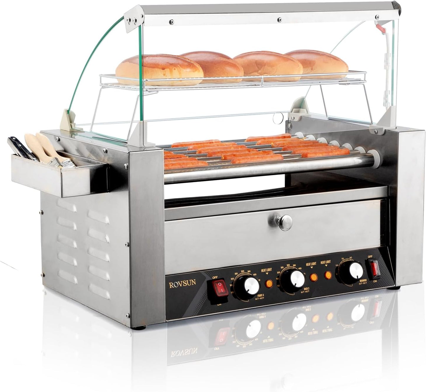 Commercial Grade Hot Dog Roller Grill Cooker Machine with Bun Warmer and Dual Temp Control - 1200W ETL Certified