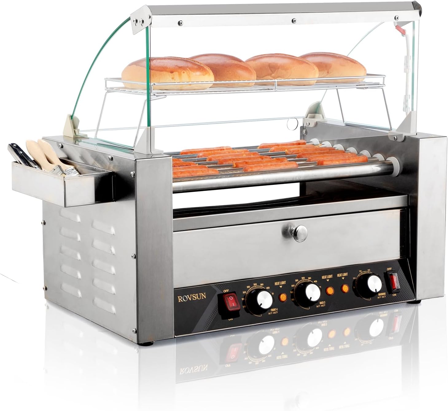 Commercial Grade Hot Dog Roller Grill Cooker Machine with Bun Warmer and Dual Temp Control - 1200W ETL Certified