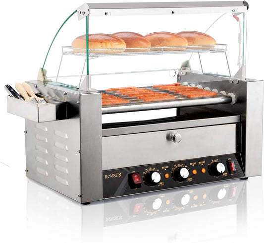 Commercial Grade Hot Dog Roller Grill Cooker Machine with Bun Warmer and Dual Temp Control - 1200W ETL Certified