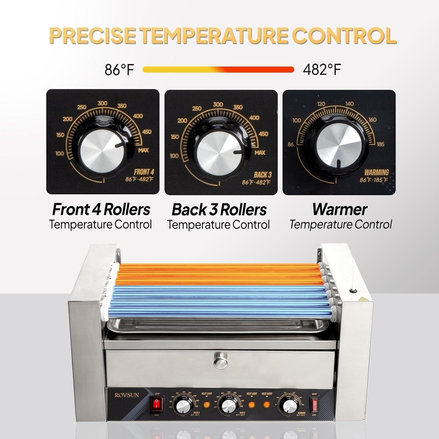 Commercial Grade Hot Dog Roller Grill Cooker Machine with Bun Warmer and Dual Temp Control - 1200W ETL Certified