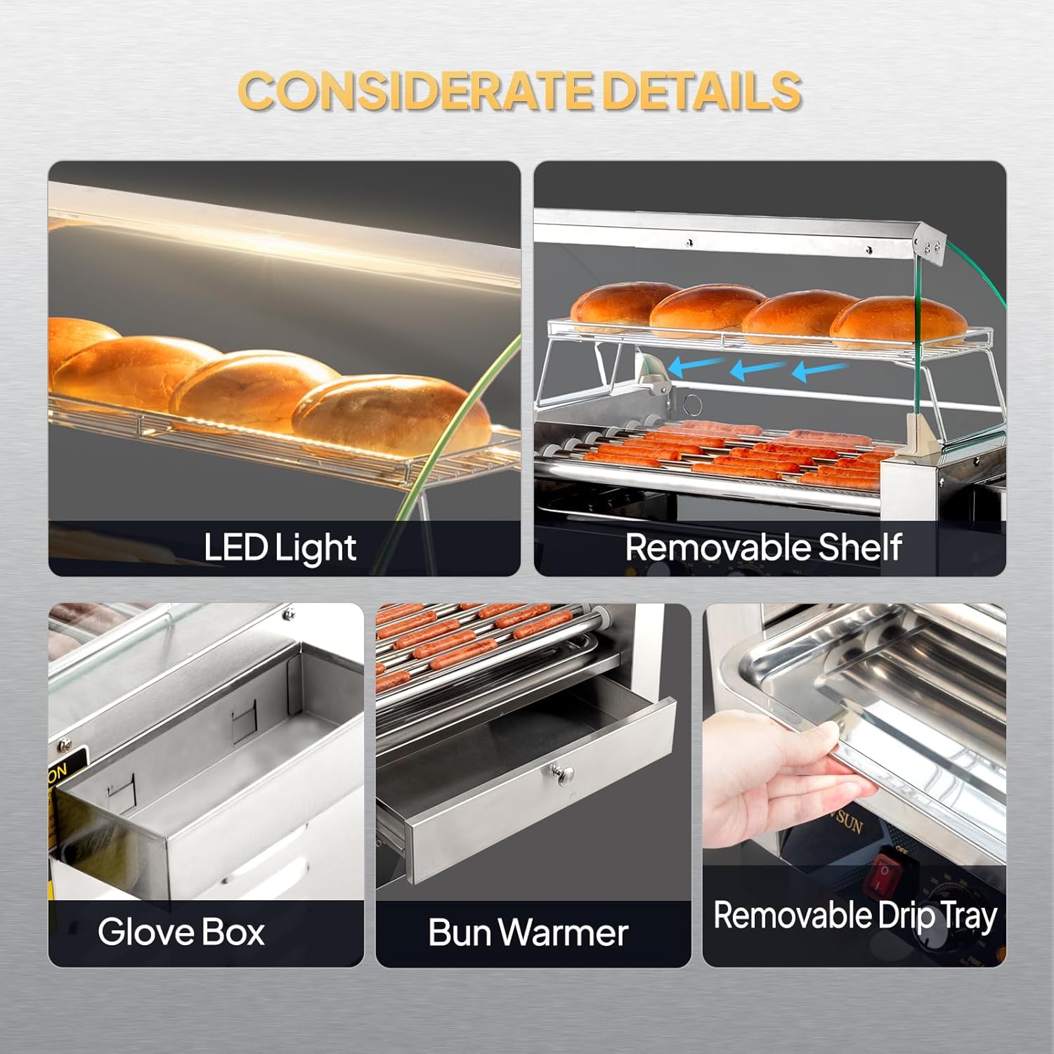 Commercial Grade Hot Dog Roller Grill Cooker Machine with Bun Warmer and Dual Temp Control - 1200W ETL Certified