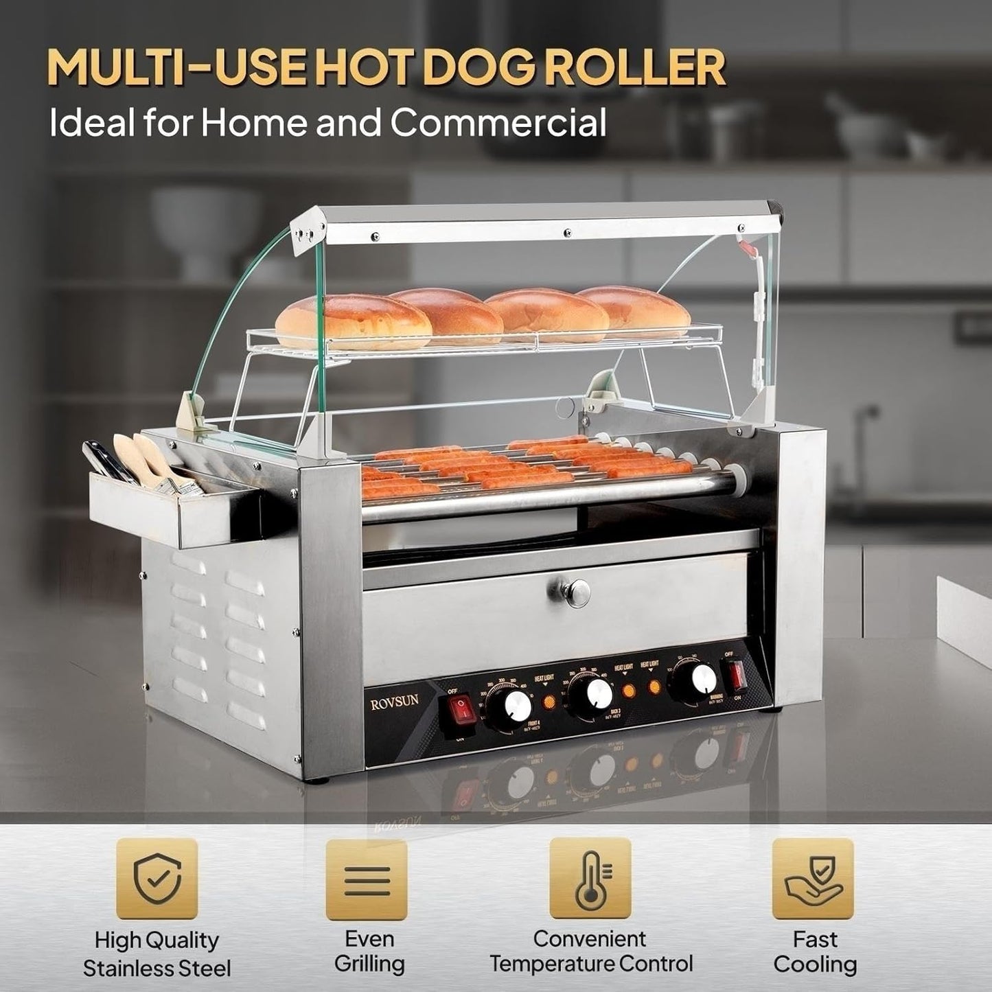 Commercial Grade Hot Dog Roller Grill Cooker Machine with Bun Warmer and Dual Temp Control - 1200W ETL Certified
