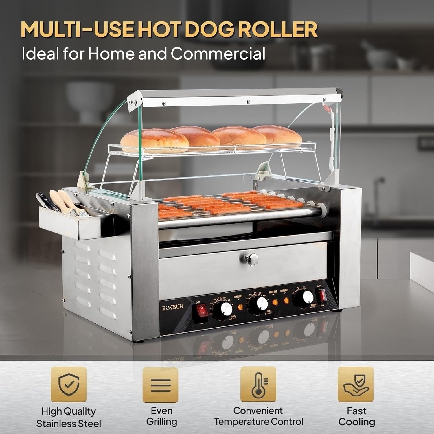 Commercial Grade Hot Dog Roller Grill Cooker Machine with Bun Warmer and Dual Temp Control - 1200W ETL Certified