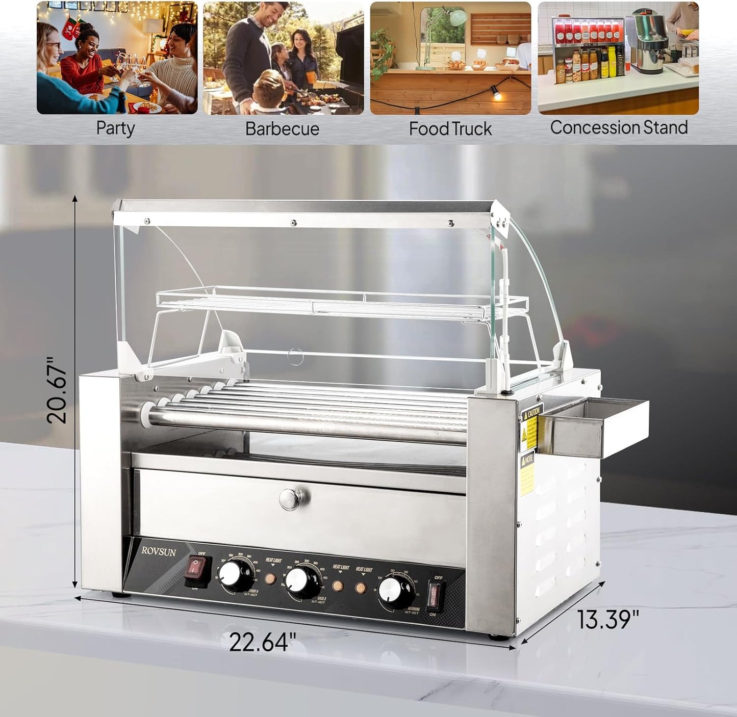 Commercial Grade Hot Dog Roller Grill Cooker Machine with Bun Warmer and Dual Temp Control - 1200W ETL Certified