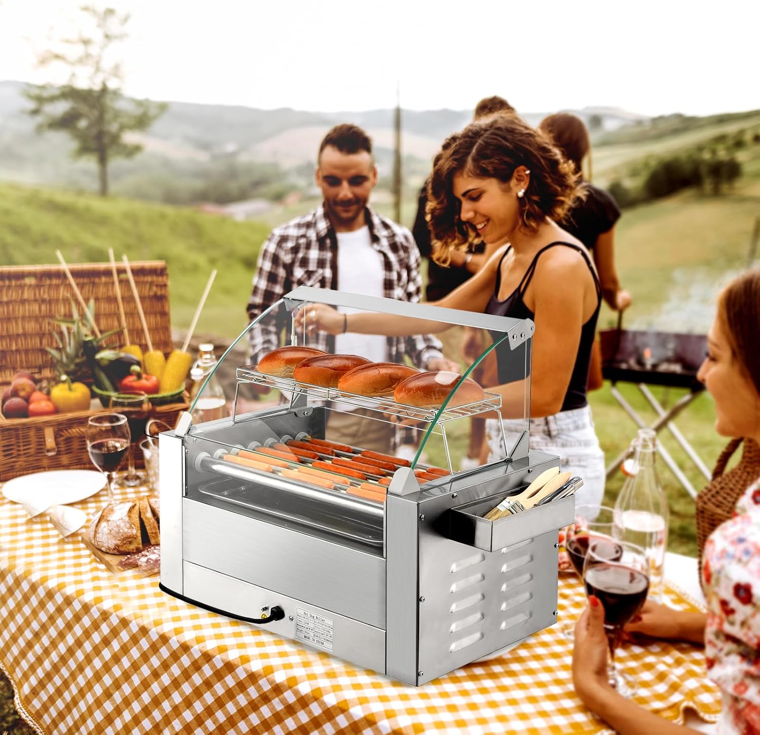 Commercial Grade Hot Dog Roller Grill Cooker Machine with Bun Warmer and Dual Temp Control - 1200W ETL Certified