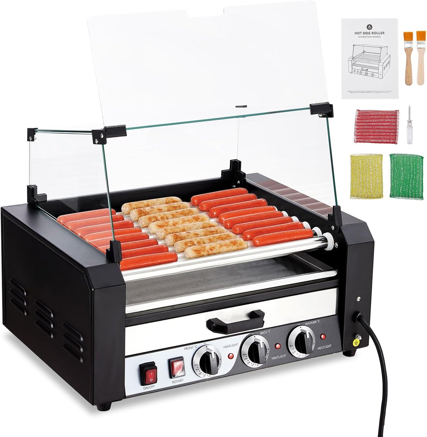 Commercial Grade Hot Dog Roller Grill with 9 Rollers, 24 Hot Dogs Capacity - Stainless Steel Sausage Cooker Machine with Dual Temp Control, Glass Hood Cover, and Removable Drip Tray - Ideal for Parties