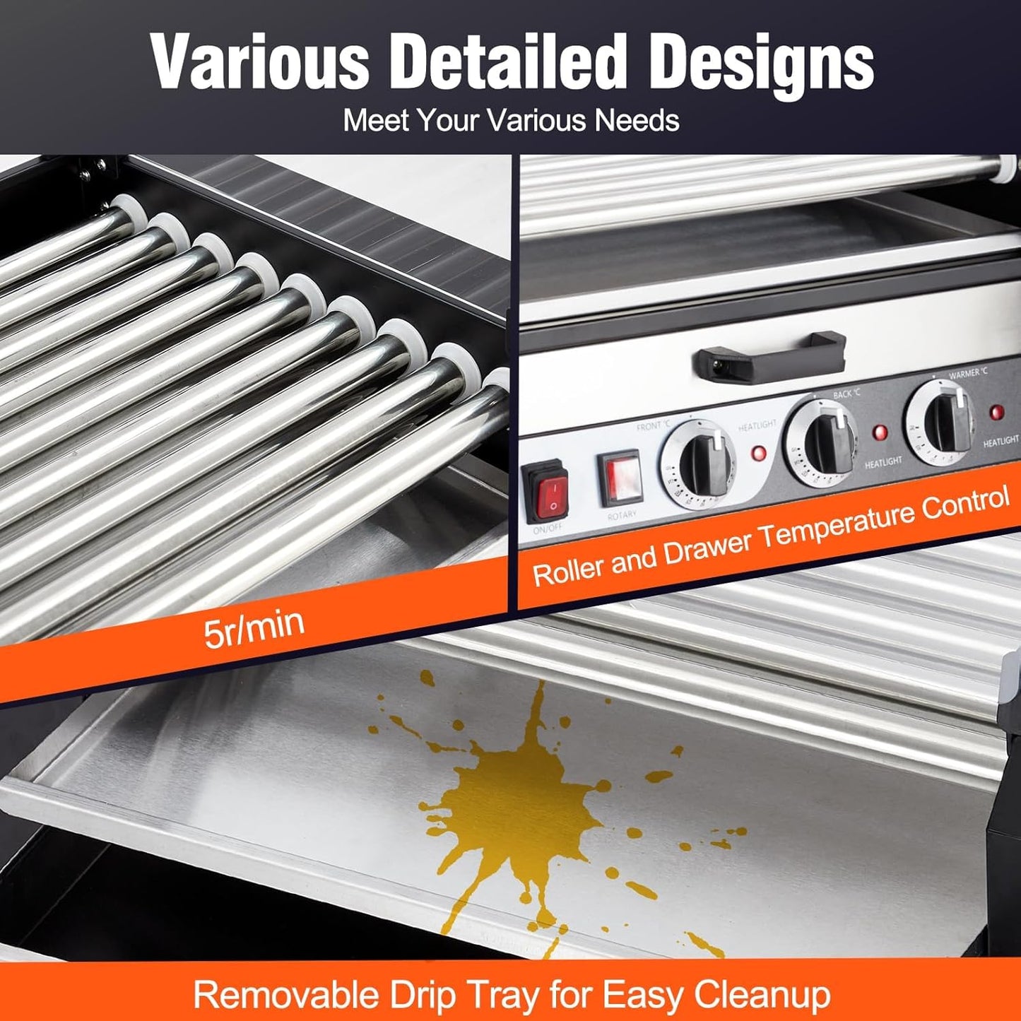 Commercial Grade Hot Dog Roller Grill with 9 Rollers, 24 Hot Dogs Capacity - Stainless Steel Sausage Cooker Machine with Dual Temp Control, Glass Hood Cover, and Removable Drip Tray - Ideal for Parties