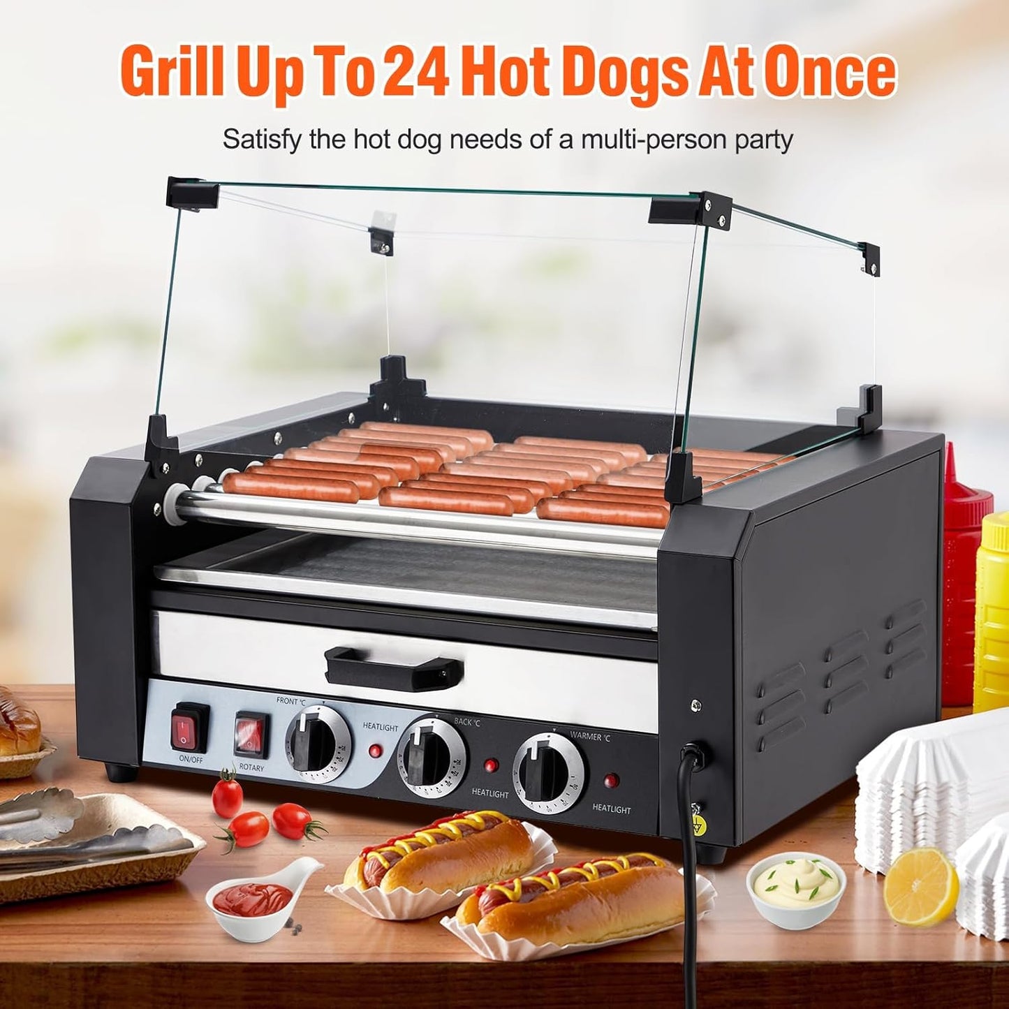 Commercial Grade Hot Dog Roller Grill with 9 Rollers, 24 Hot Dogs Capacity - Stainless Steel Sausage Cooker Machine with Dual Temp Control, Glass Hood Cover, and Removable Drip Tray - Ideal for Parties