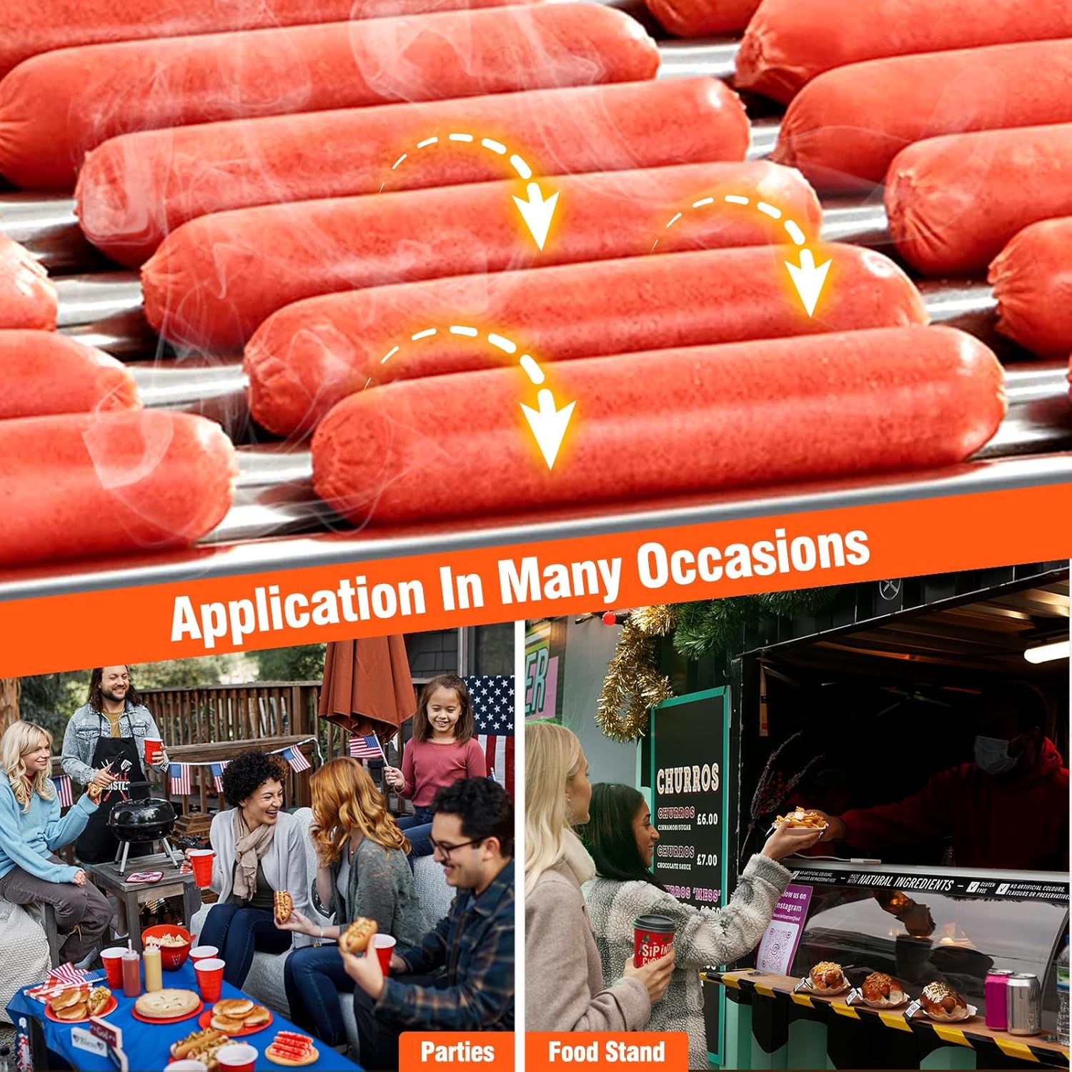 Commercial Grade Hot Dog Roller Grill with 9 Rollers, 24 Hot Dogs Capacity - Stainless Steel Sausage Cooker Machine with Dual Temp Control, Glass Hood Cover, and Removable Drip Tray - Ideal for Parties