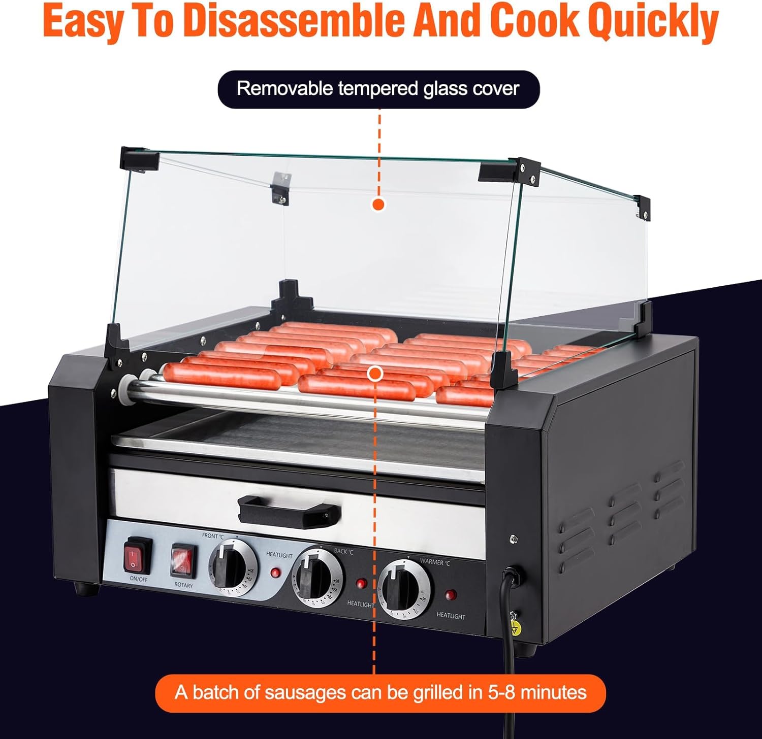 Commercial Grade Hot Dog Roller Grill with 9 Rollers, 24 Hot Dogs Capacity - Stainless Steel Sausage Cooker Machine with Dual Temp Control, Glass Hood Cover, and Removable Drip Tray - Ideal for Parties