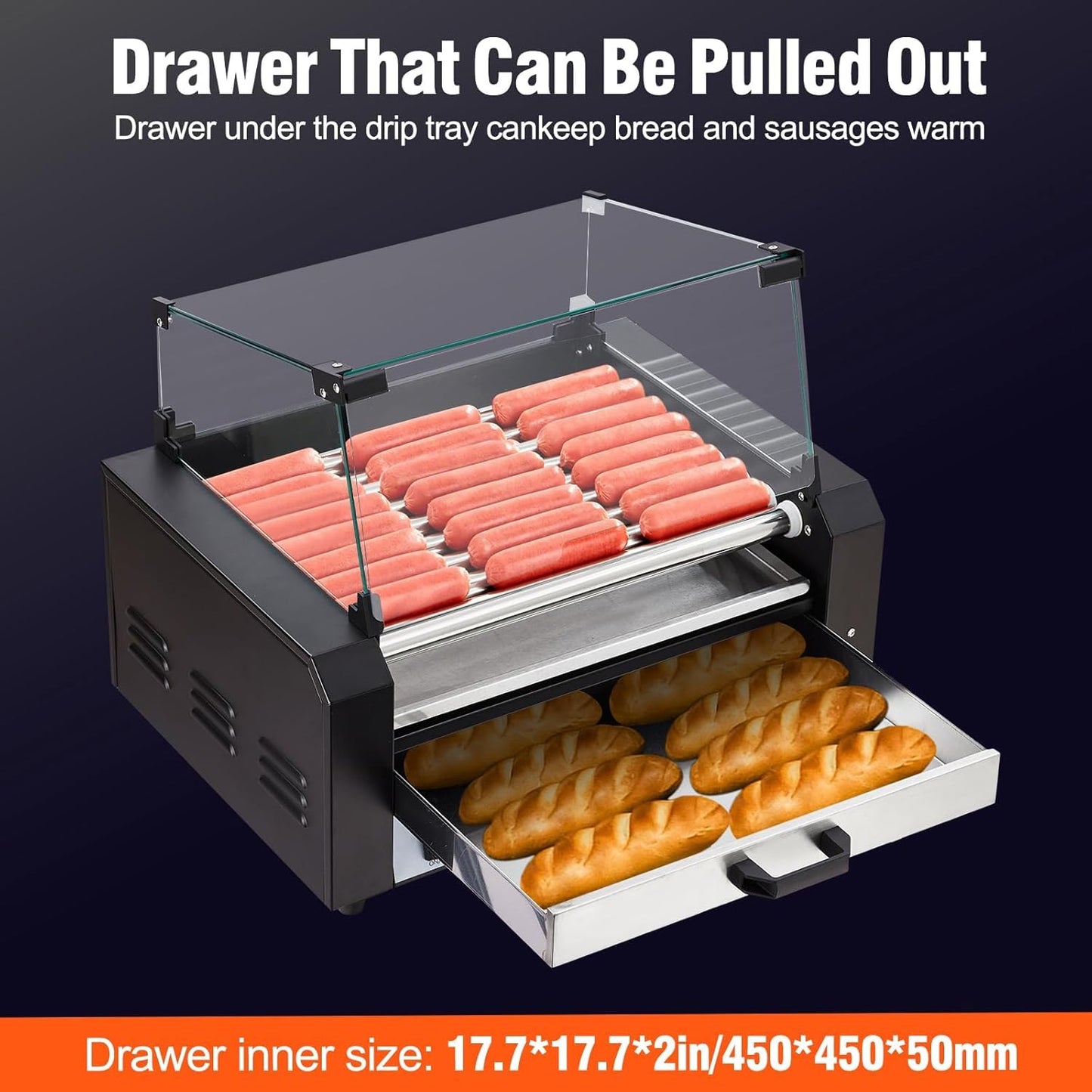 Commercial Grade Hot Dog Roller Grill with 9 Rollers, 24 Hot Dogs Capacity - Stainless Steel Sausage Cooker Machine with Dual Temp Control, Glass Hood Cover, and Removable Drip Tray - Ideal for Parties