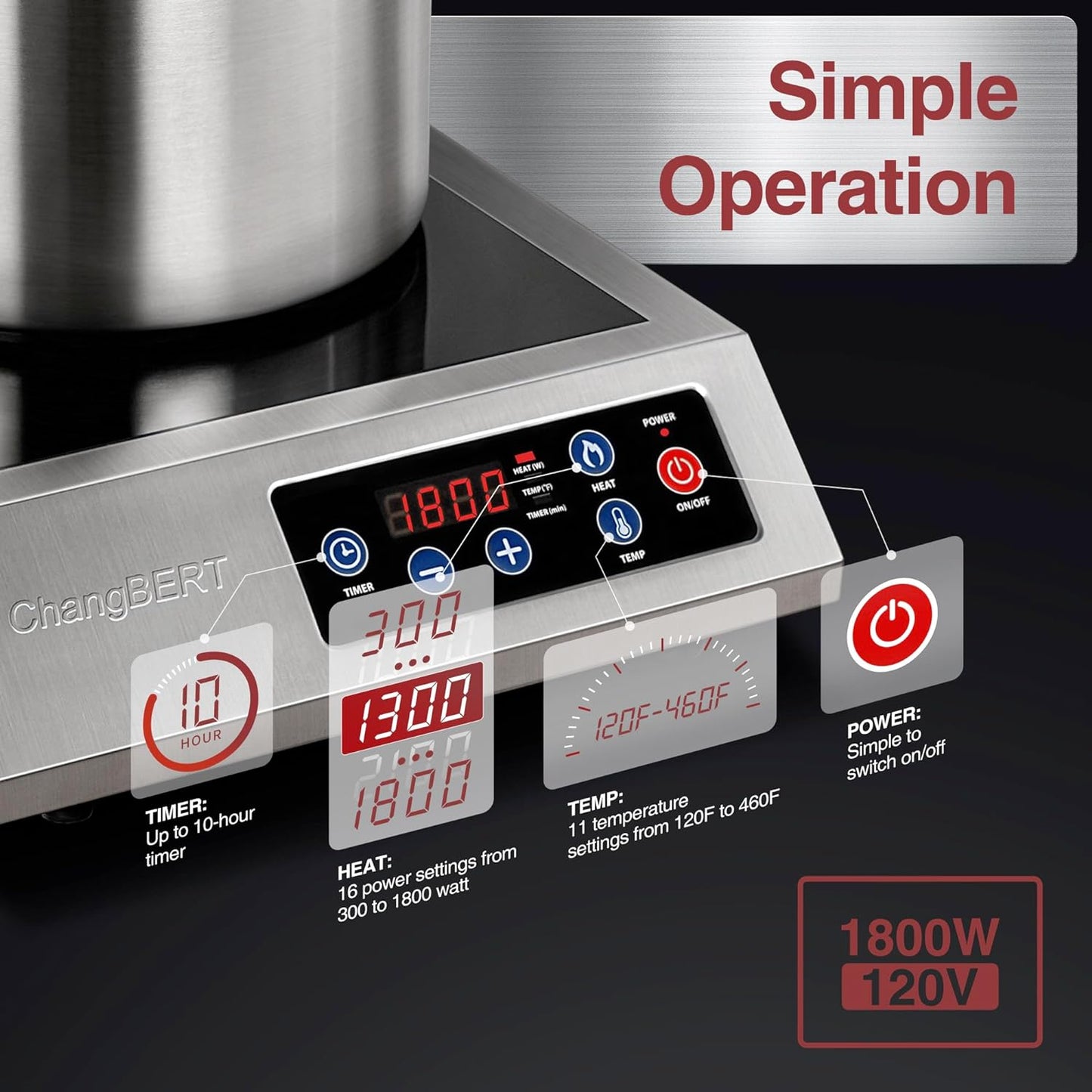 Commercial Grade Portable Induction Cooktop - 1800W, NSF Certified, Professional Chef Hot Plate with Timer - 18/10 Stainless Steel