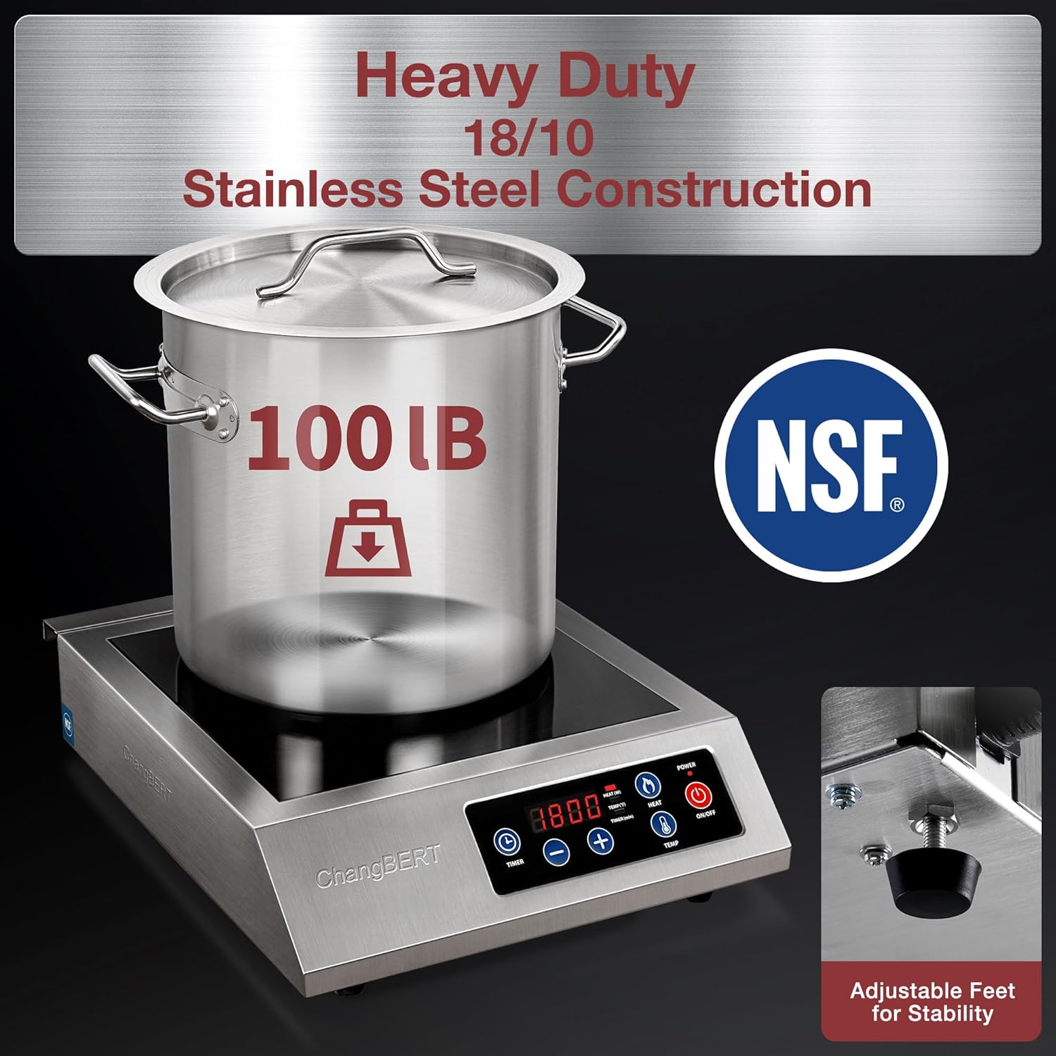 Commercial Grade Portable Induction Cooktop - 1800W, NSF Certified, Professional Chef Hot Plate with Timer - 18/10 Stainless Steel