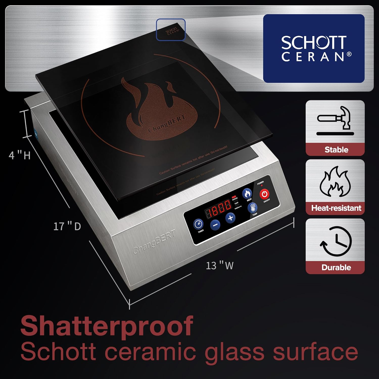 Commercial Grade Portable Induction Cooktop - 1800W, NSF Certified, Professional Chef Hot Plate with Timer - 18/10 Stainless Steel