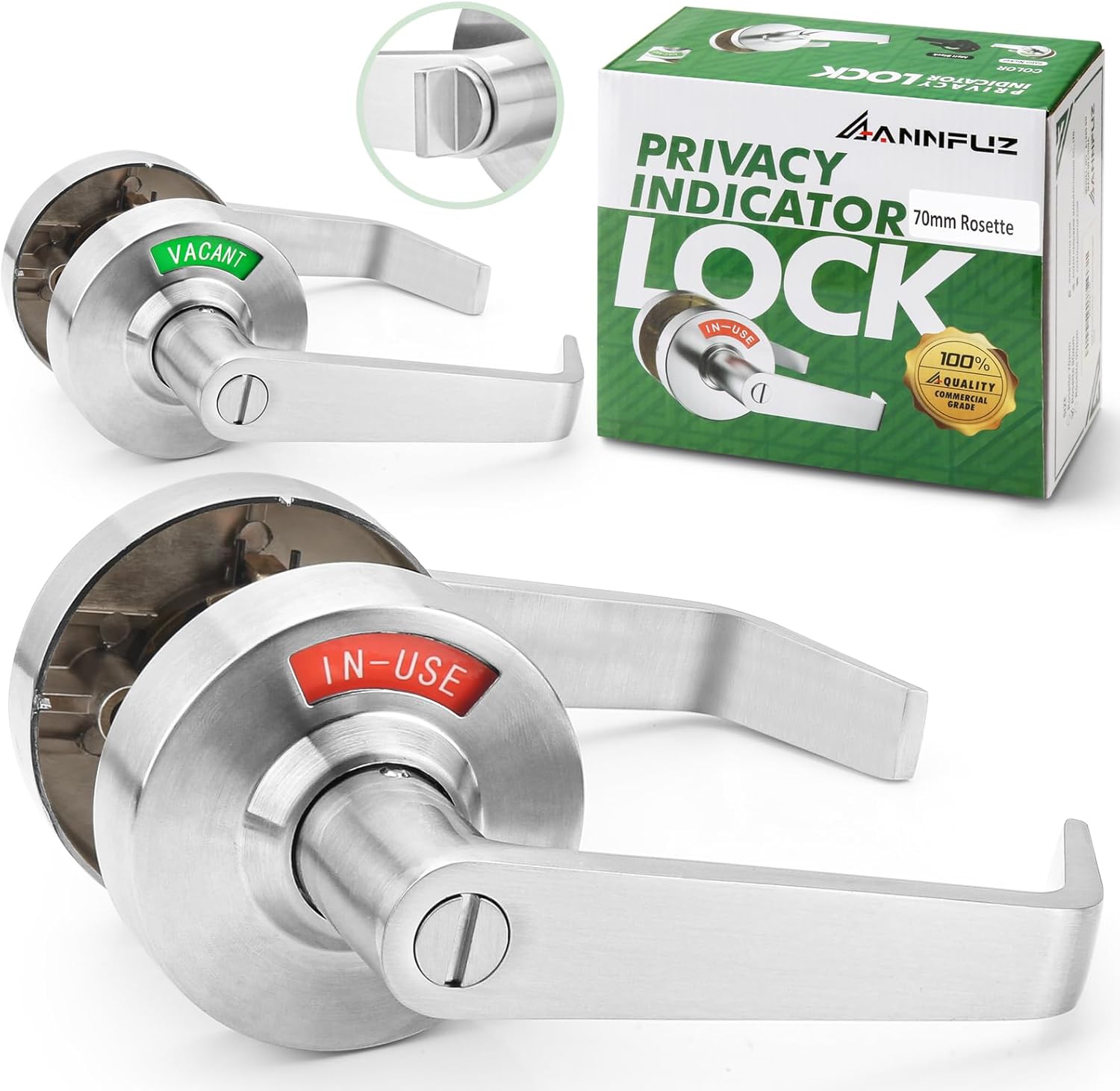 Commercial Grade Privacy Door Handle Lock with In-Use/Vacant Indicator, ANSI Grade 2, Satin Nickel Bathroom Lever Lock - Ideal for Public Restrooms