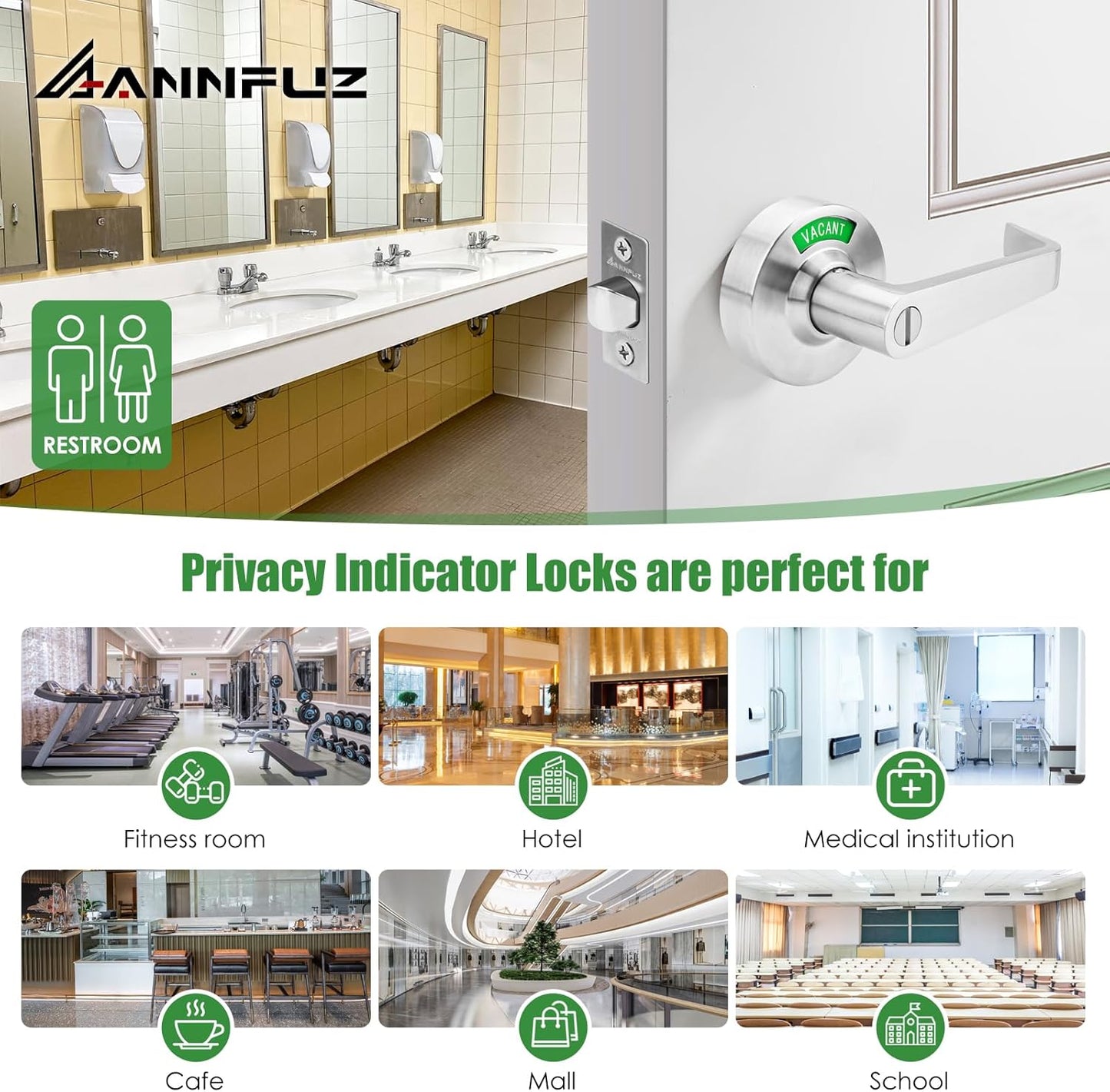 Commercial Grade Privacy Door Handle Lock with In-Use/Vacant Indicator, ANSI Grade 2, Satin Nickel Bathroom Lever Lock - Ideal for Public Restrooms