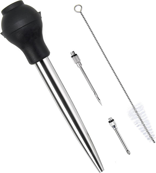Commercial Grade Stainless Steel Turkey Baster Set with Silicone Bulb, 2 Injector Needles, and Cleaning Brush by KAYCROWN - High-Quality Utensils