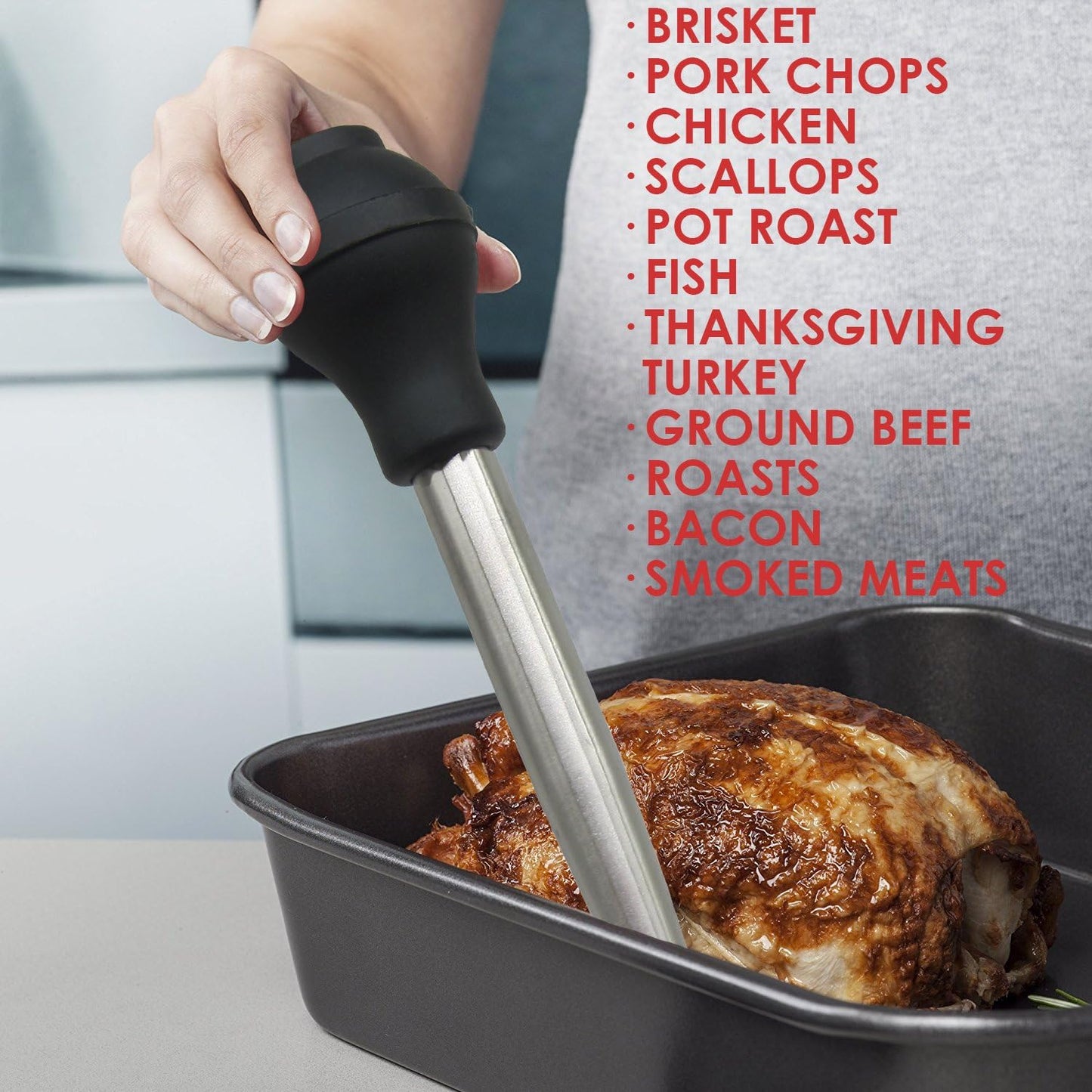 Commercial Grade Stainless Steel Turkey Baster Set with Silicone Bulb, 2 Injector Needles, and Cleaning Brush by KAYCROWN - High-Quality Utensils