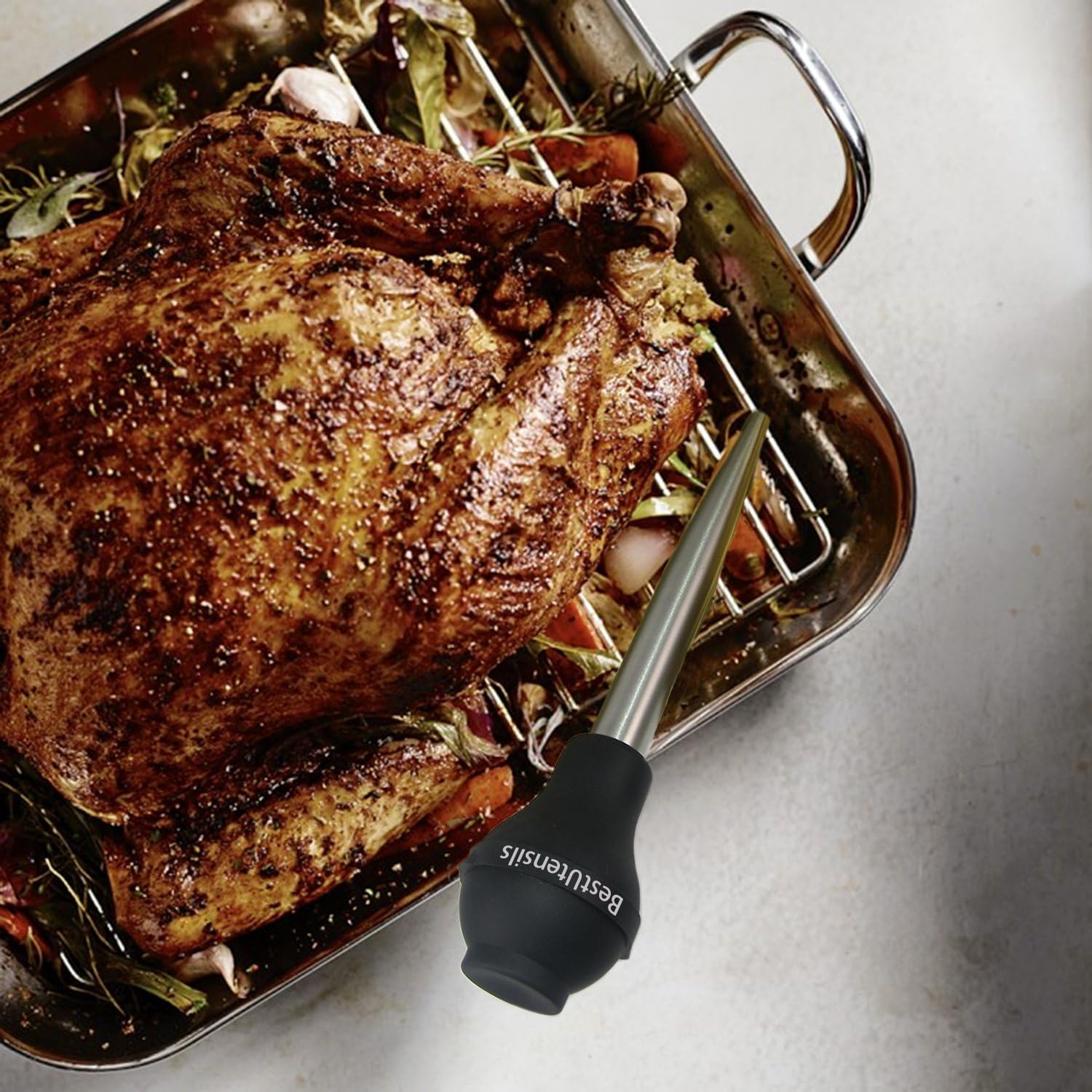 Commercial Grade Stainless Steel Turkey Baster Set with Silicone Bulb, 2 Injector Needles, and Cleaning Brush by KAYCROWN - High-Quality Utensils