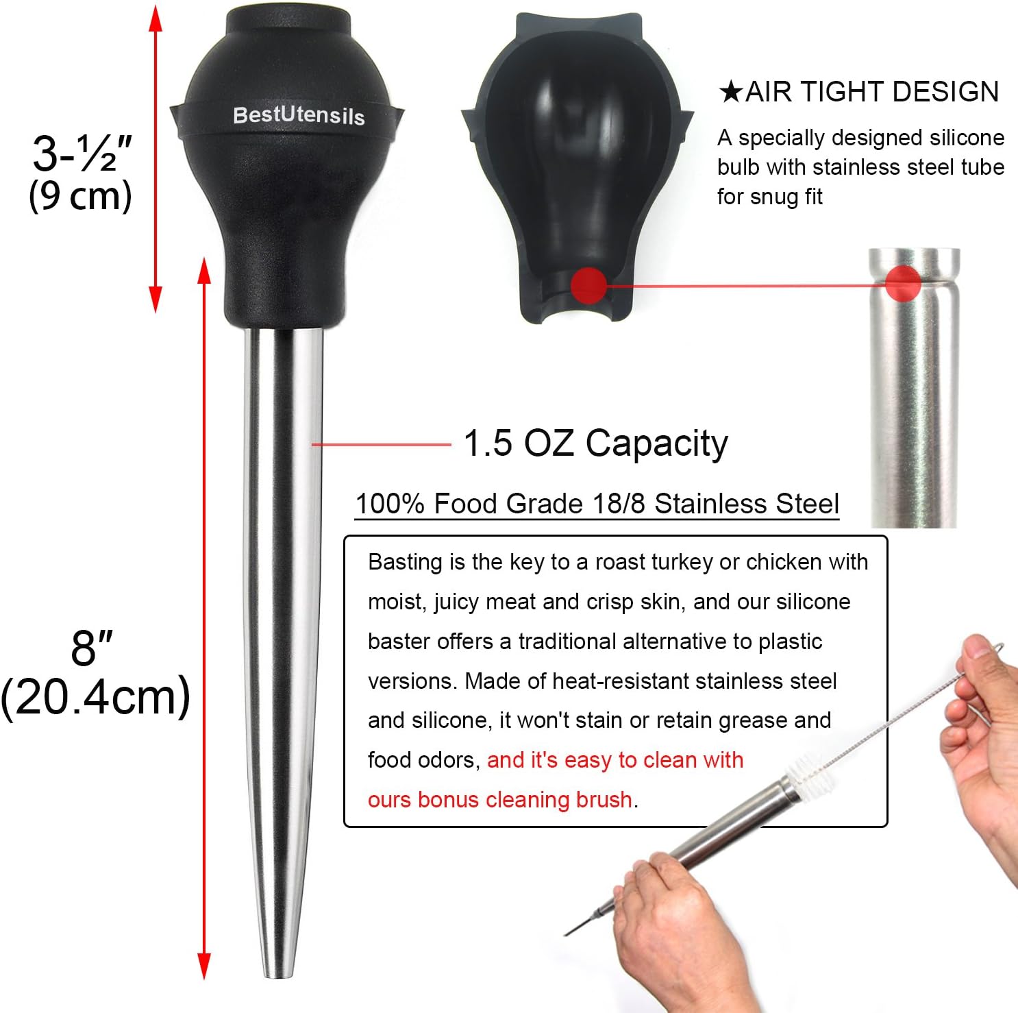 Commercial Grade Stainless Steel Turkey Baster Set with Silicone Bulb, 2 Injector Needles, and Cleaning Brush by KAYCROWN - High-Quality Utensils