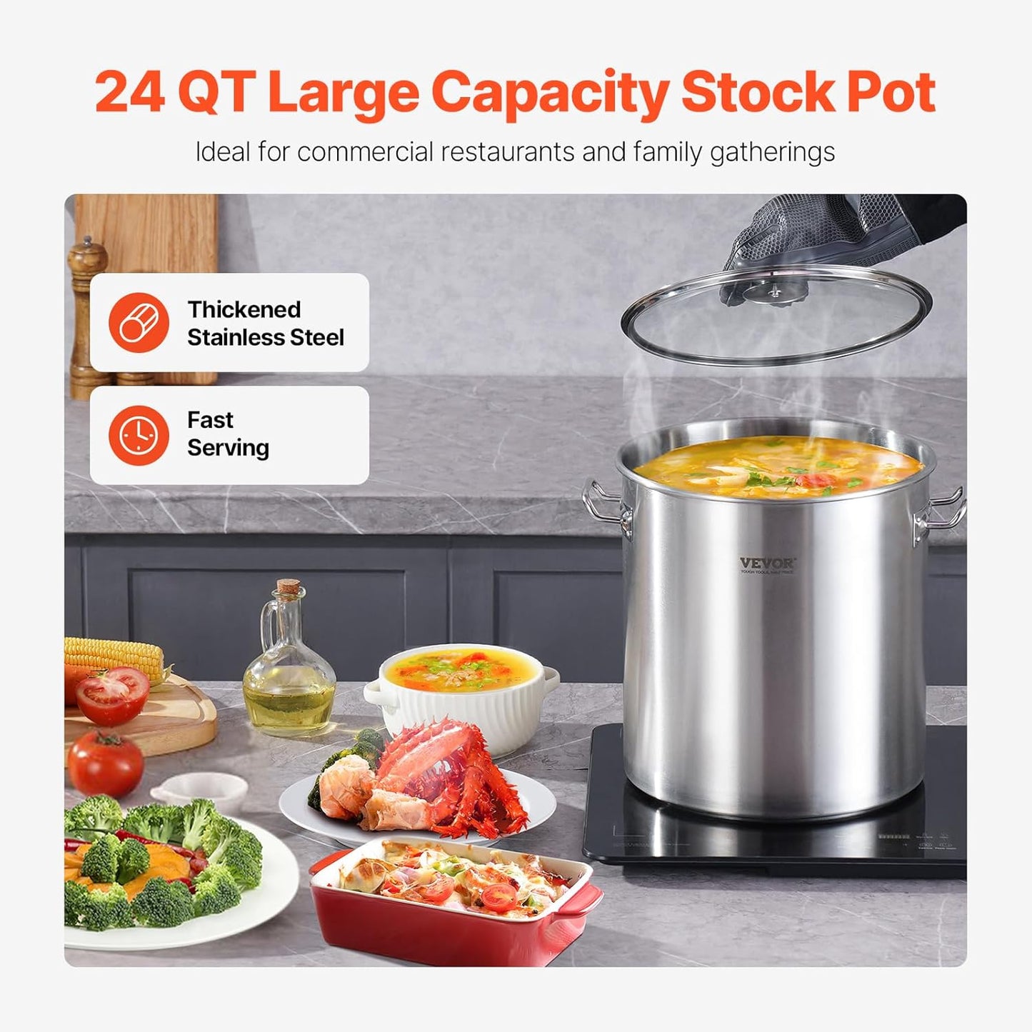 Commercial Grade VEVOR 24 Quart Stainless Steel Stockpot with Lid and Handle for Boiling, Steaming, Frying - Heavy Duty Cookware Sauce Pot with Sanding Treatment - Silver