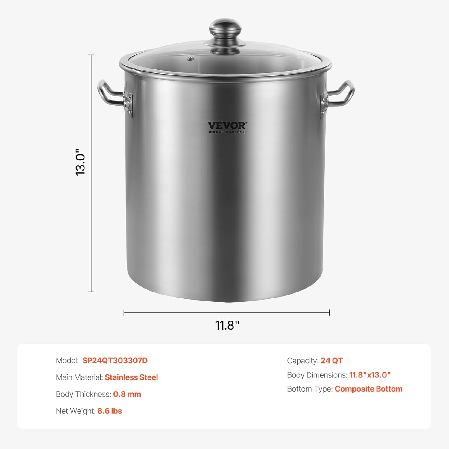 Commercial Grade VEVOR 24 Quart Stainless Steel Stockpot with Lid and Handle for Boiling, Steaming, Frying - Heavy Duty Cookware Sauce Pot with Sanding Treatment - Silver