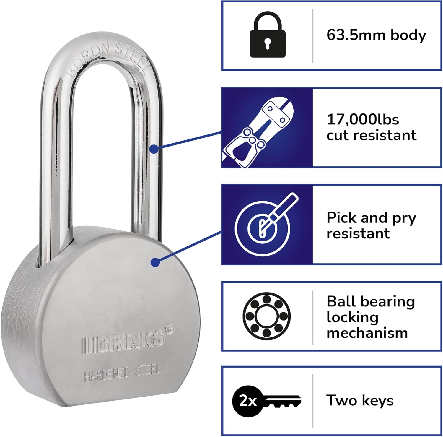 Commercial Solid Steel Keyed Padlock by BRINKS - 64 mm, Boron Steel Shackle, Durable Solid Steel Body - WildKart