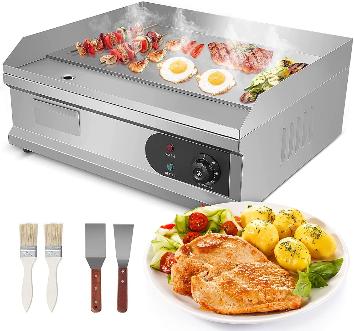 Commercial Stainless Steel Electric Flat Top Grill 25.5" with 4000W Power - Includes Barbecue Accessories for Courtyard BBQ - Perfect for Kitchen and Restaurant Use