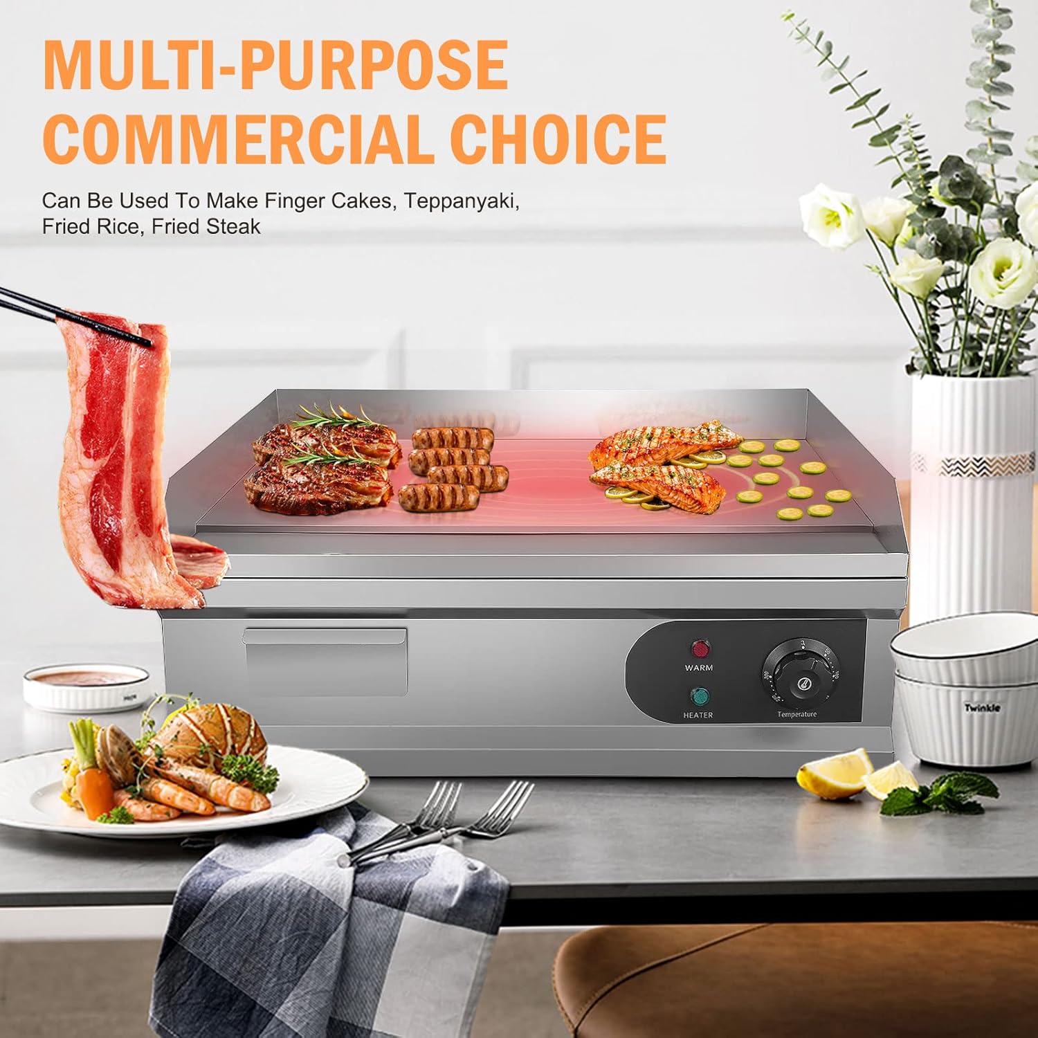 Commercial Stainless Steel Electric Flat Top Grill 25.5" with 4000W Power - Includes Barbecue Accessories for Courtyard BBQ - Perfect for Kitchen and Restaurant Use