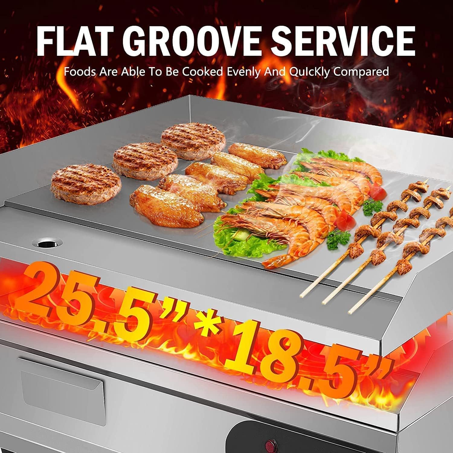 Commercial Stainless Steel Electric Flat Top Grill 25.5" with 4000W Power - Includes Barbecue Accessories for Courtyard BBQ - Perfect for Kitchen and Restaurant Use