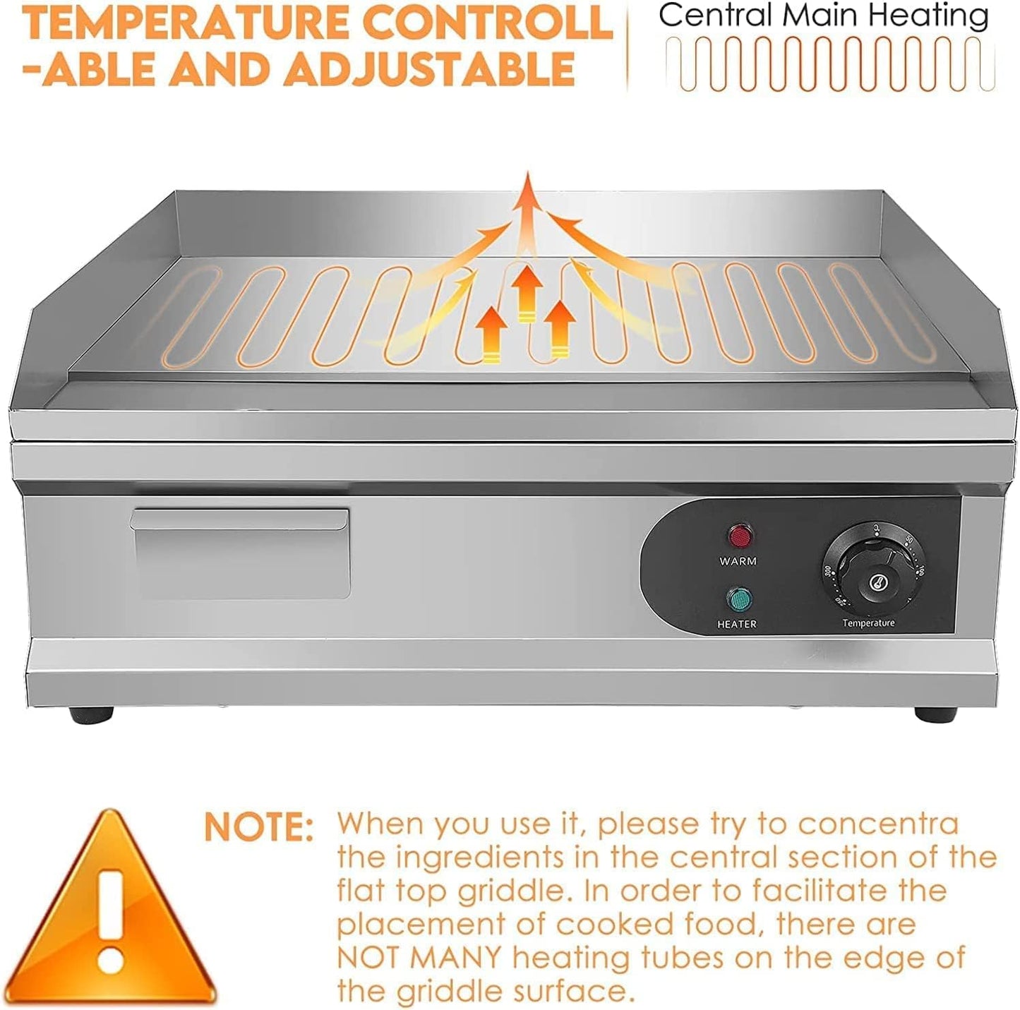 Commercial Stainless Steel Electric Flat Top Grill 25.5" with 4000W Power - Includes Barbecue Accessories for Courtyard BBQ - Perfect for Kitchen and Restaurant Use