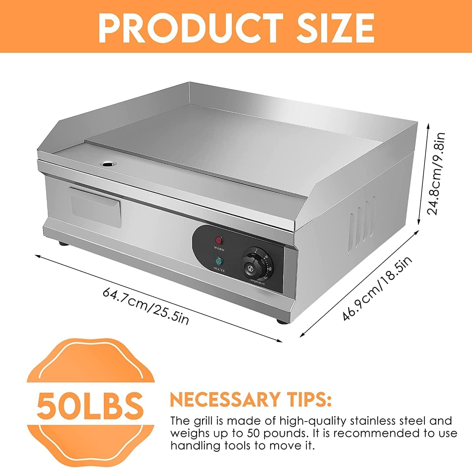 Commercial Stainless Steel Electric Flat Top Grill 25.5" with 4000W Power - Includes Barbecue Accessories for Courtyard BBQ - Perfect for Kitchen and Restaurant Use
