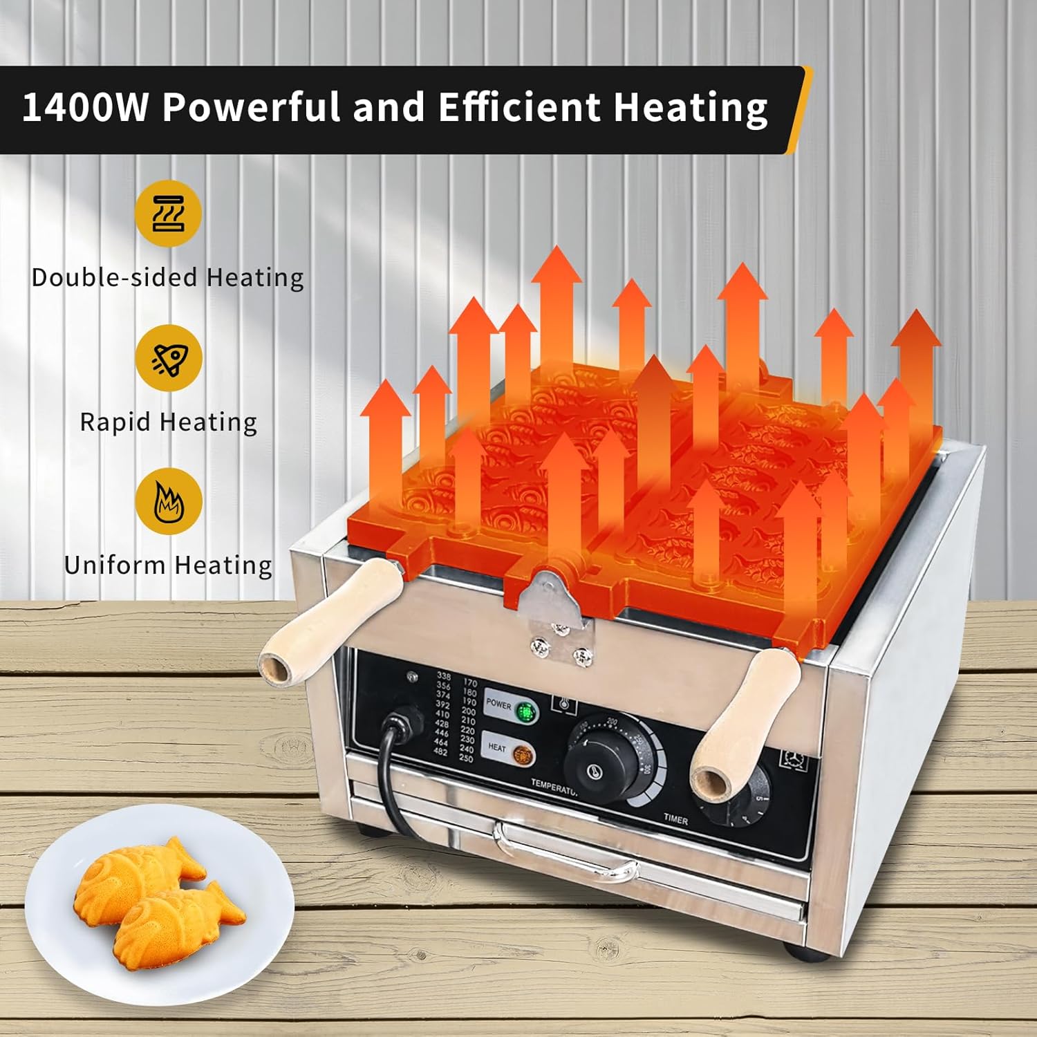 Commercial Taiyaki Waffle Maker - 110V 1400W Fish-Shaped Waffle Iron for Restaurant & Cafe