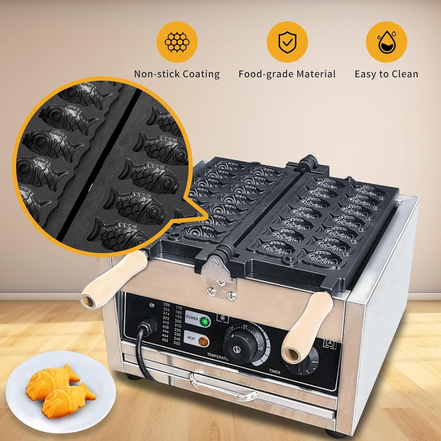 Commercial Taiyaki Waffle Maker - 110V 1400W Fish-Shaped Waffle Iron for Restaurant & Cafe
