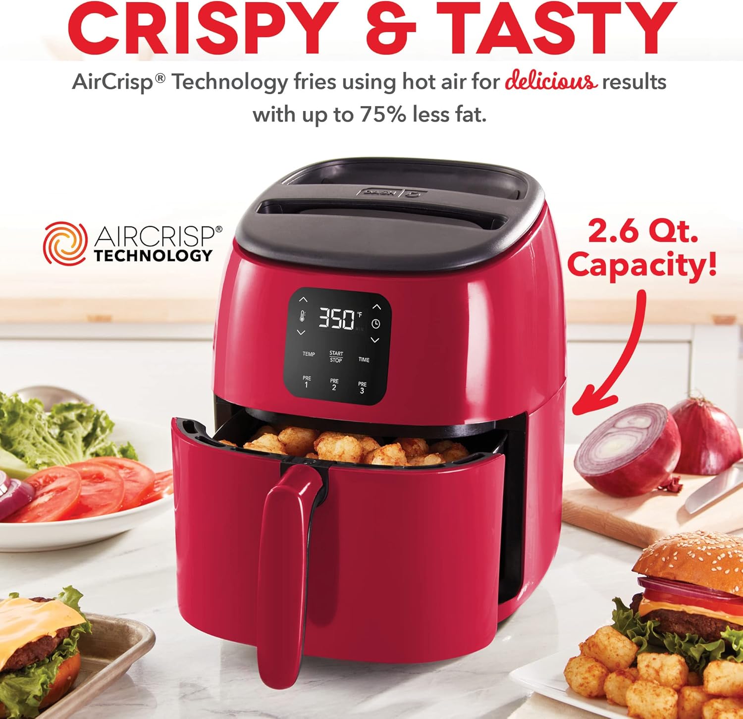 Compact 2.6 Qt. Red Electric Air Fryer Oven for Healthier Meals - Auto Shut Off, Digital, 1000-Watt - Ideal for Small Spaces - DASH Tasti-Crisp™